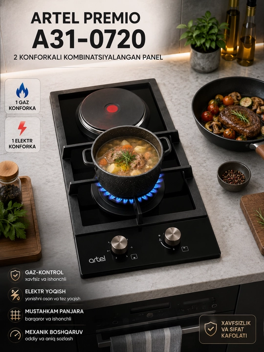 Artel Premio A31-0720 o‘rnatiladigan pishirish paneli, 2 konforkali, gaz + elektr, qora