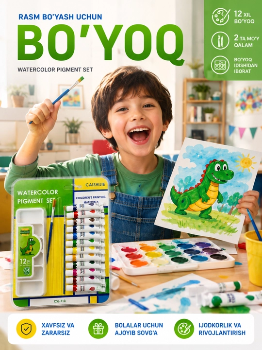 Akvarel bo'yoq, 12 rang, rasm chizish, bolalar bo'yog'i, cho'tka, palitra