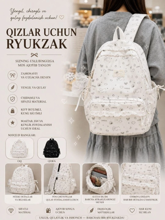 Qizlar uchun maktab ryukzaki, maktab sumkasi va maktabga sumkalar - 
