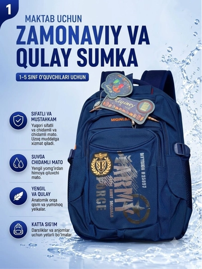 O`gil bolalar uchun maktab sumkasi, suv o`tkazmaydigan, chidamli matodan ishlangan ryukzak - 