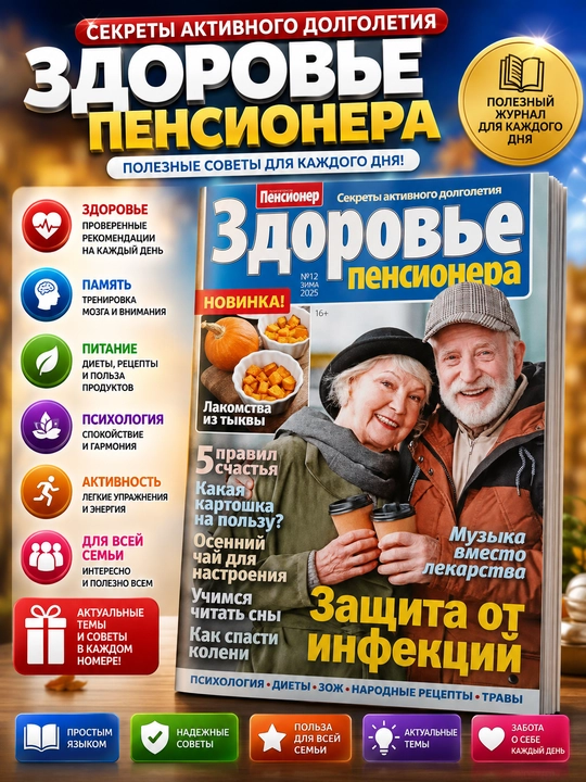 Rus tilidagi "Pensioner salomatligi" jurnali - salomatlik va faol hayot haqida maslahatlar - 