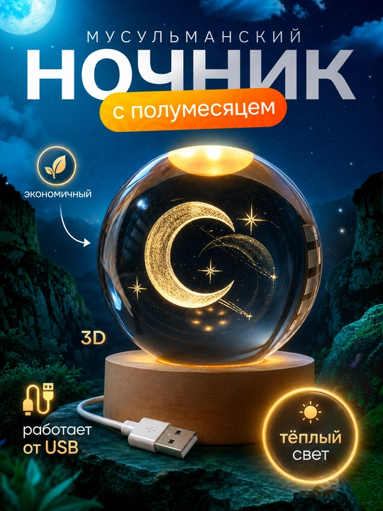 Хрустальный шар-ночник 3D, LED настольный светильник, полумесяц, USB лампа, 6 см - 