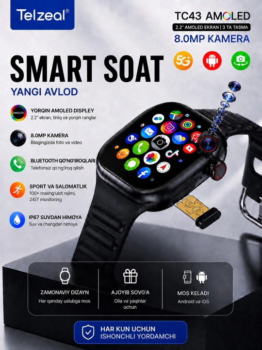 Смарт часы Telzeal TC43 AMOLED с камерой 8 МП, умные часы с Bluetooth звонками