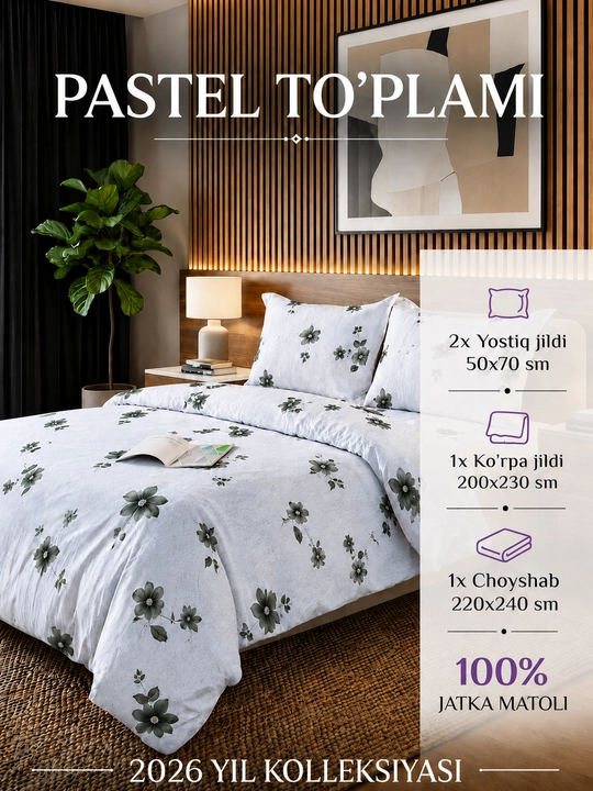 Pastel, 2 kishilik jatka to‘plami, ko‘rpa jildi, choyshab va yostiq jildlari, yotoq uchun