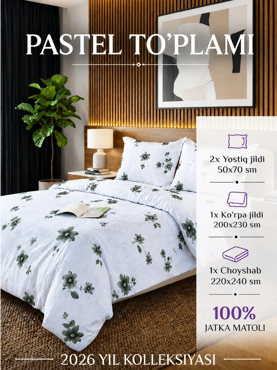 Pastel, 2 kishilik jatka to‘plami, ko‘rpa jildi, choyshab va yostiq jildlari, yotoq uchun