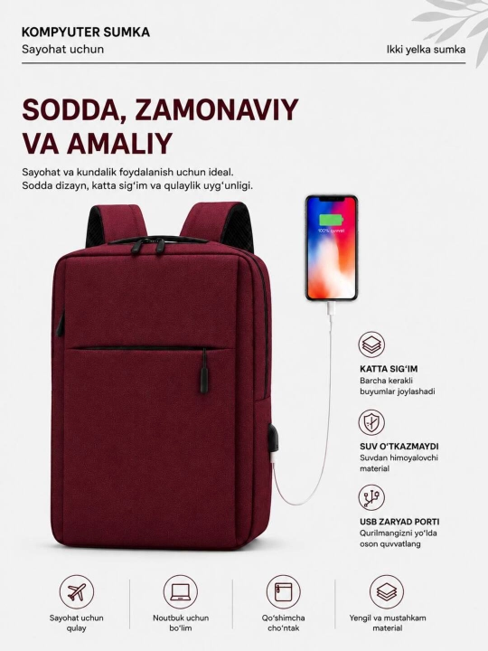 Рюкзак-сумка для ноутбука, водонепроницаемый, с USB-портом, для мужчин и женщин - 
