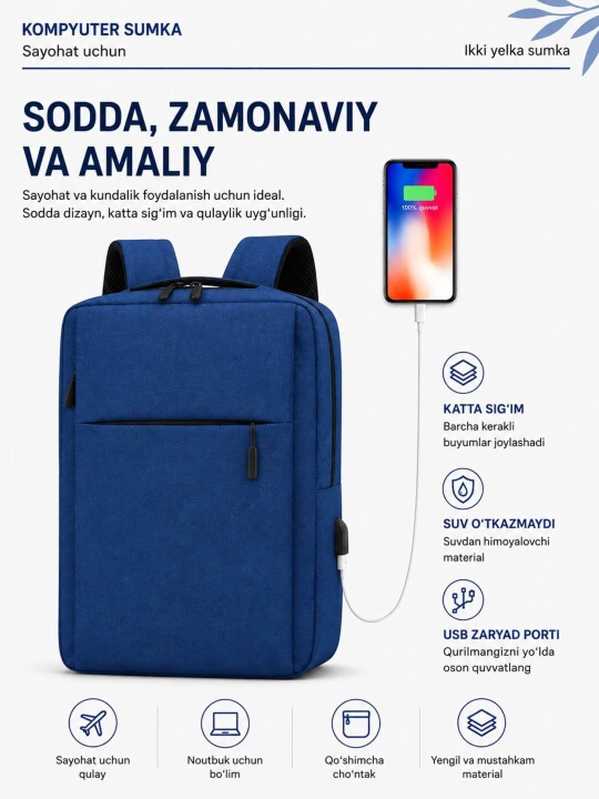 Noutbuk uchun ryukzak-sumka, suv o'tkazmaydigan, USB portli, erkaklar va ayollar uchun - 