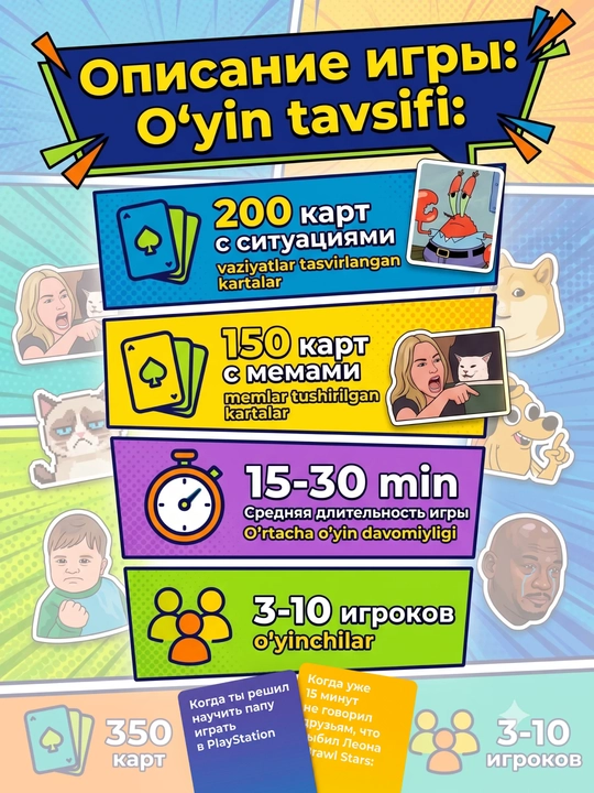 Stol o'yini Siz qanday memsiz? Oilaviy, 3-10 o'yinchi, 350 ta karta, oilaviy o'yin uchun