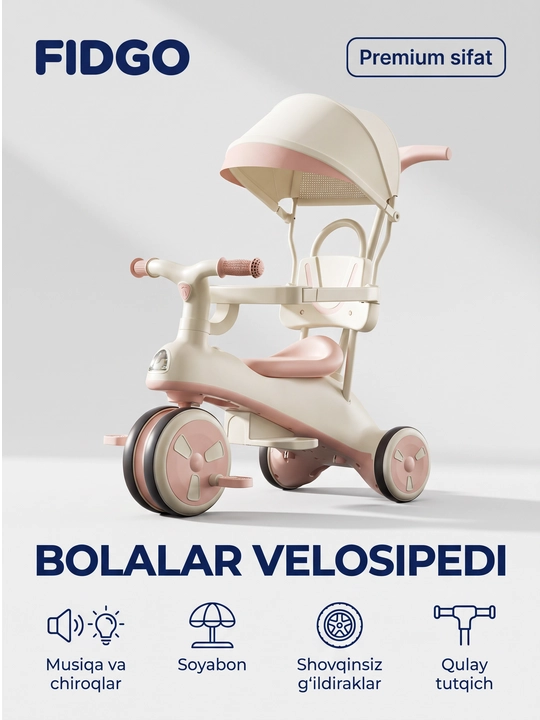 Bolalar uch g‘ildirakli velosipedi FIDGO, soyabon va ota-ona tutqichi bilan - 