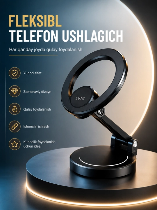 Telefon uchun magnit taglik 360° aylanadigan, sozlanadigan buklanadigan kuchli magnit - 