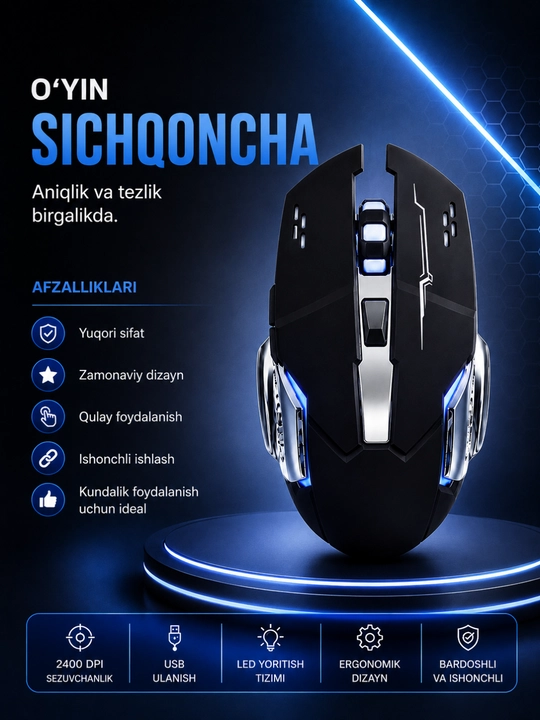 Simsiz Gaming Sichqoncha | RGB | Sozlanadigan DPI | Ergonomik | Kompyuter va Noutbuk uchun - 