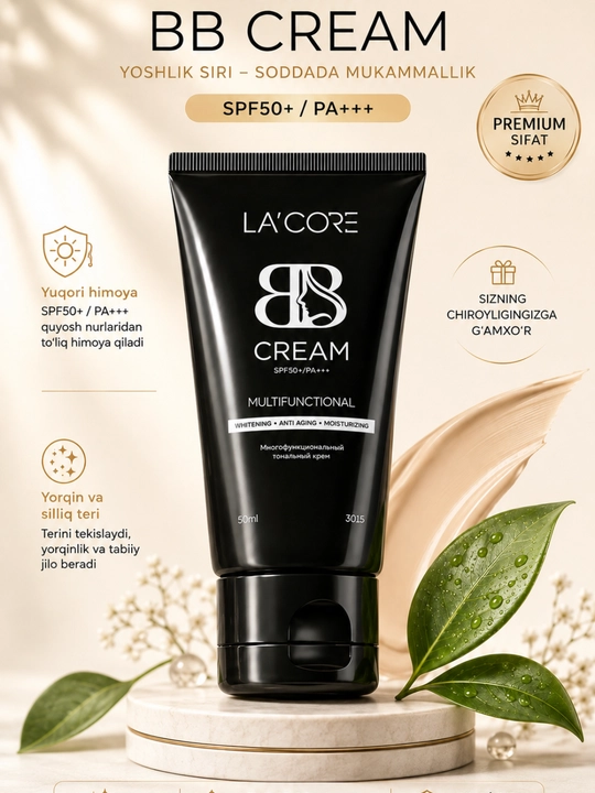 LA’CORE BB Cream SPF50+ PA+++ – Tonal krem, oqartiruvchi va ajinlarga qarshi, 50 ml - 