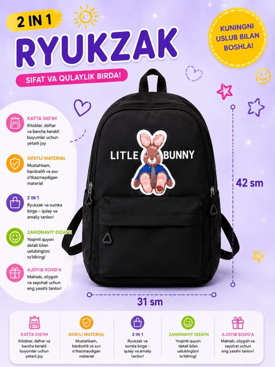 Maktab to'plami : ryukzak, shopper, sumka, qalamdon, xalta