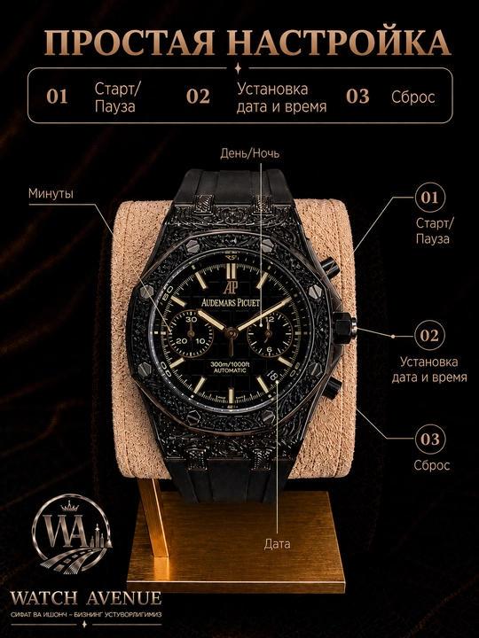 Audemars Piguet Chronograph мужские часы, чёрный корпус и каучуковый ремешок