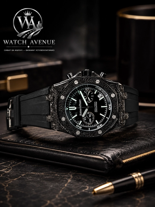 Audemars Piguet Chronograph мужские часы, чёрный корпус и каучуковый ремешок