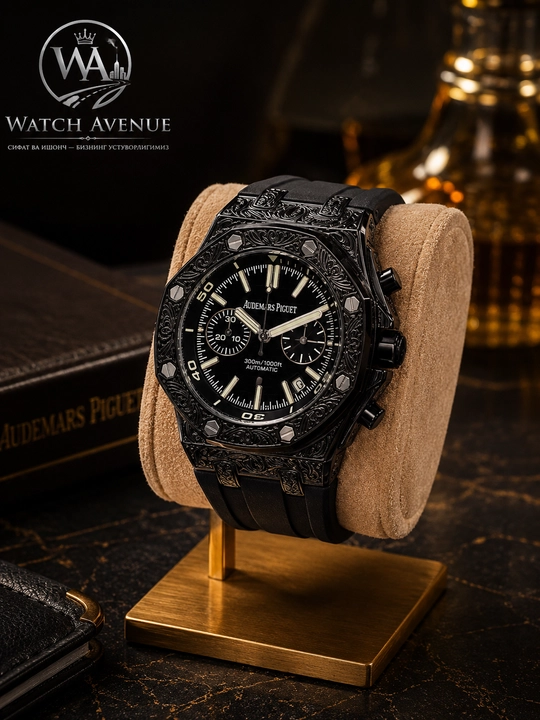 Audemars Piguet Chronograph мужские часы, чёрный корпус и каучуковый ремешок