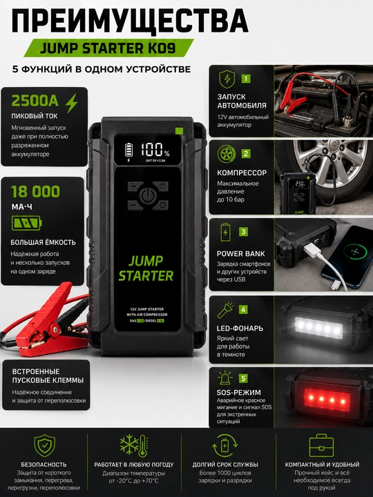 Avtomobil uchun Jump Starter K09, kompressor va Power Bank bilan