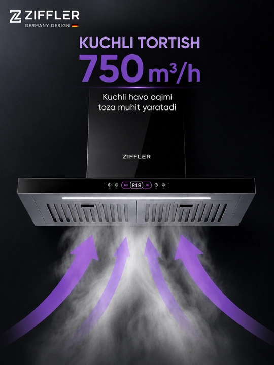 Oshxona dudburoni ZIFFLER BRH seriyasi, 180W, 750 m³/soat, Wave Sensor, Baffle Filter