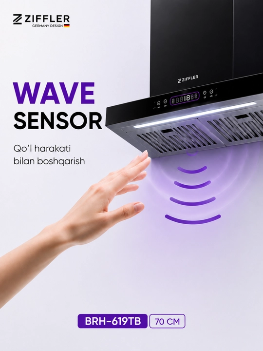 Oshxona dudburoni ZIFFLER BRH seriyasi, 180W, 750 m³/soat, Wave Sensor, Baffle Filter