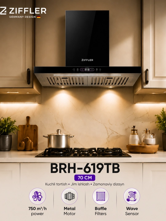 Кухонная вытяжка ZIFFLER серии BRH, 180 Вт, 750 м³/ч, Wave Sensor, Baffle Filter - 