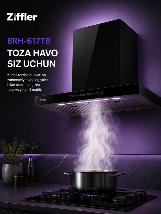 Oshxona dudburoni ZIFFLER BRH seriyasi, 180W, 750 m³/soat, Wave Sensor, Baffle Filter