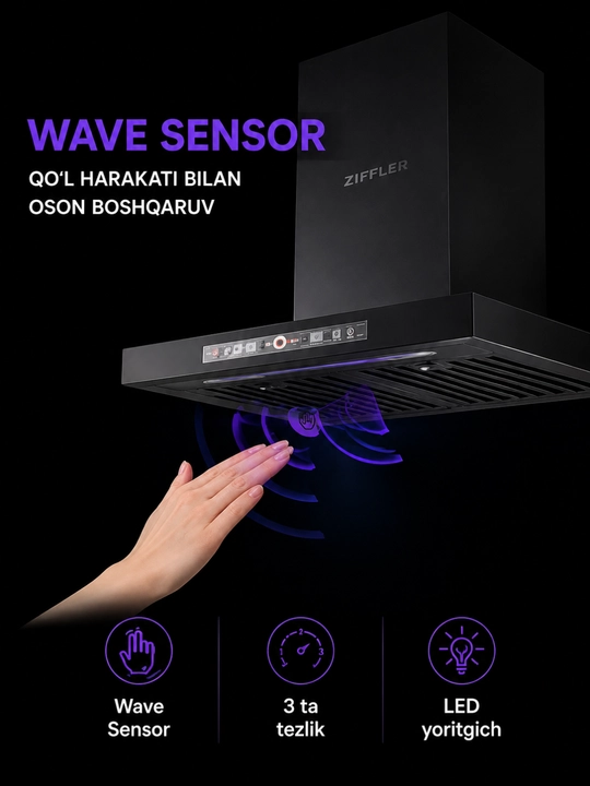 Oshxona dudburoni ZIFFLER BRH seriyasi, 180W, 750 m³/soat, Wave Sensor, Baffle Filter