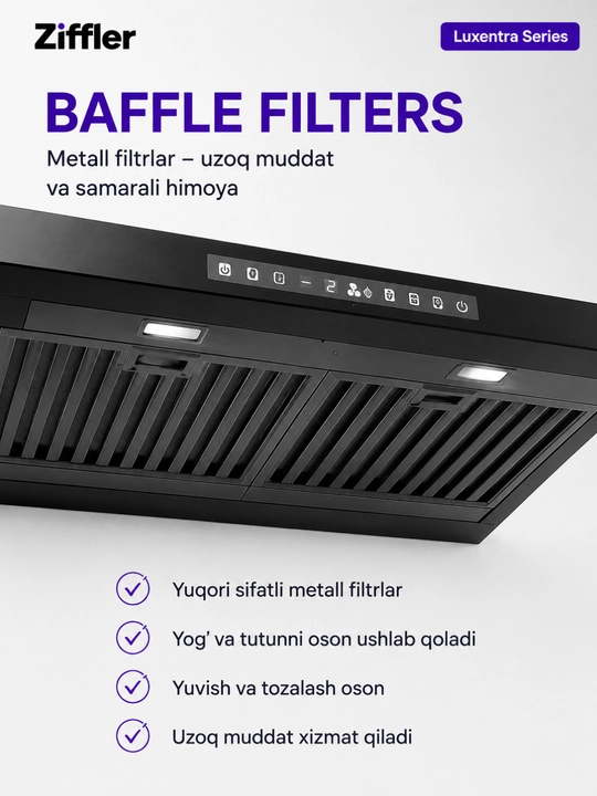 Кухонная вытяжка ZIFFLER серии BRH, 180 Вт, 750 м³/ч, Wave Sensor, Baffle Filter