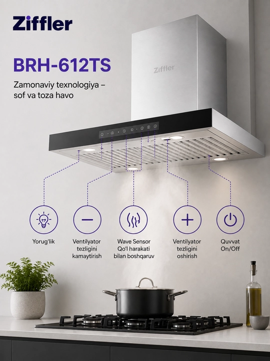Oshxona dudburoni ZIFFLER BRH seriyasi, 180W, 750 m³/soat, Wave Sensor, Baffle Filter