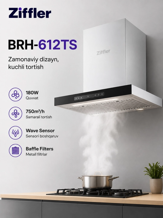 Кухонная вытяжка ZIFFLER серии BRH, 180 Вт, 750 м³/ч, Wave Sensor, Baffle Filter - 
