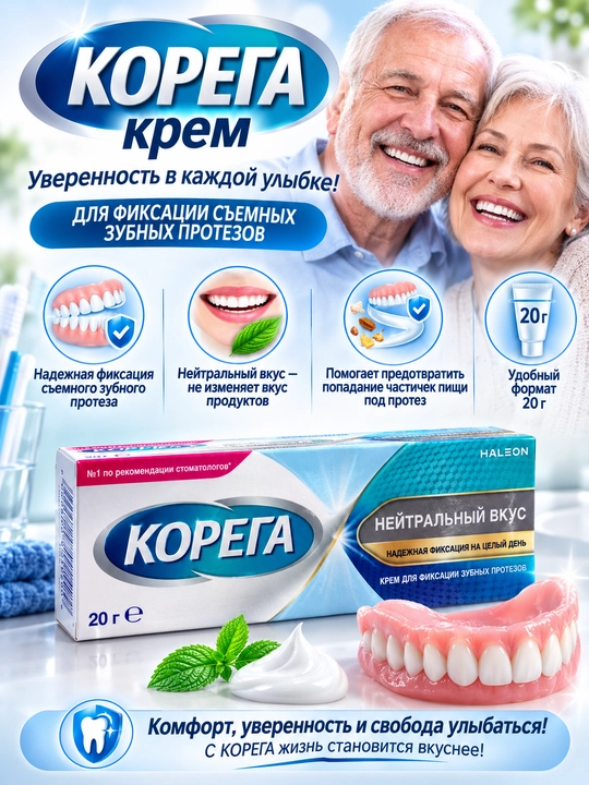 Крем для фиксации зубных протезов Корега Ежедневная защита, нейтральный вкус, 20 г - 