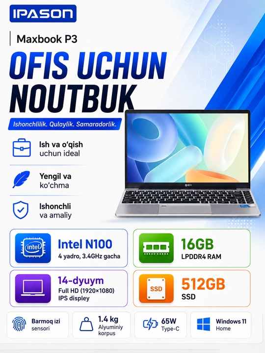 Noutbuk IPASON Maxbook P3, Intel Core N100, 16GB DDR4, 256/512GB SSD, 14" FHD IPS, Win 11 - 