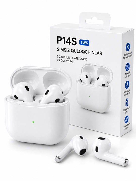 Беспроводные наушники P14S TWS, Bluetooth 5.4, Hi-Fi Stereo, сенсорное управление, белые - 