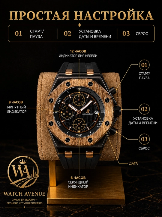 Audemars Piguet Chronograph мужские часы на батарейке, чёрные с Rose Gold