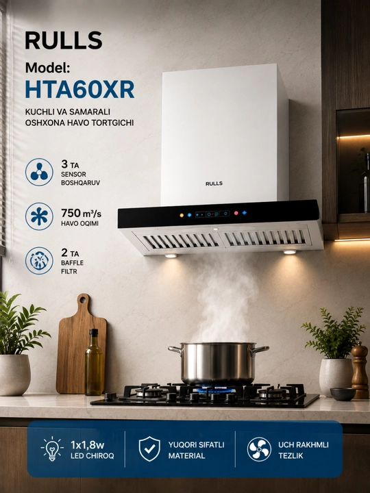 Мощная вытяжка RULLS для кухни, сенсорное управление, светодиодное освещение, 750 м³/ч. - 