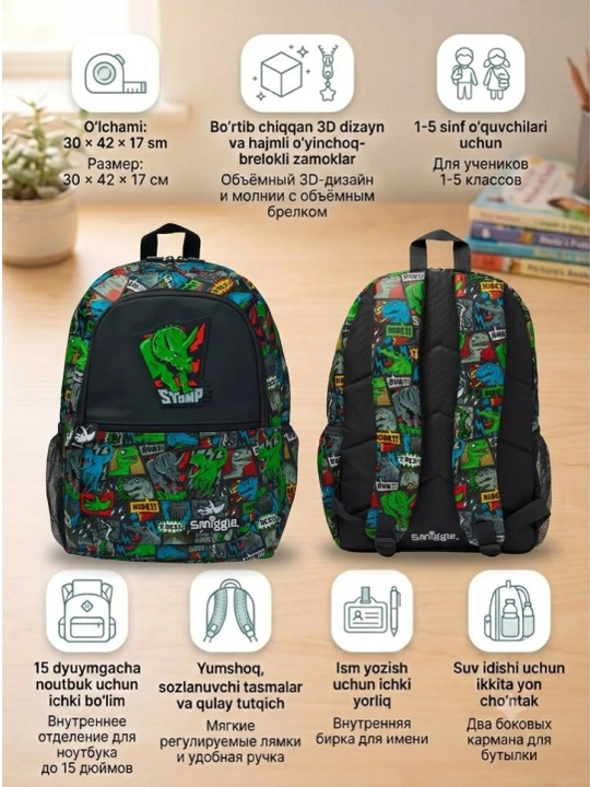 Smiggle Детский школьный рюкзак Smiggle с 3D дизайном, 1-7 класс - 
