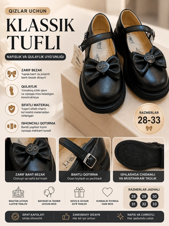 Qiz bolalar uchun klassik tufli, bolalar poyabzali - 