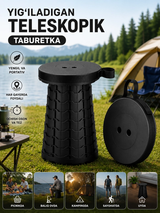 Teleskopik yig‘ma portativ stul, piknik, dam olish, sayohat, baliq ovi, sovg‘a, turizm - 