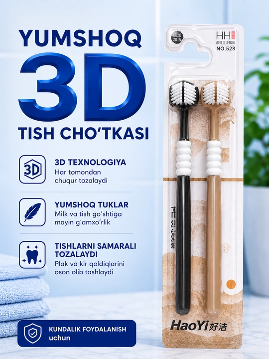3 Tomonlama tish cho'tkasi. 3D cho'tka. Bir qadoqda ikki dona - 