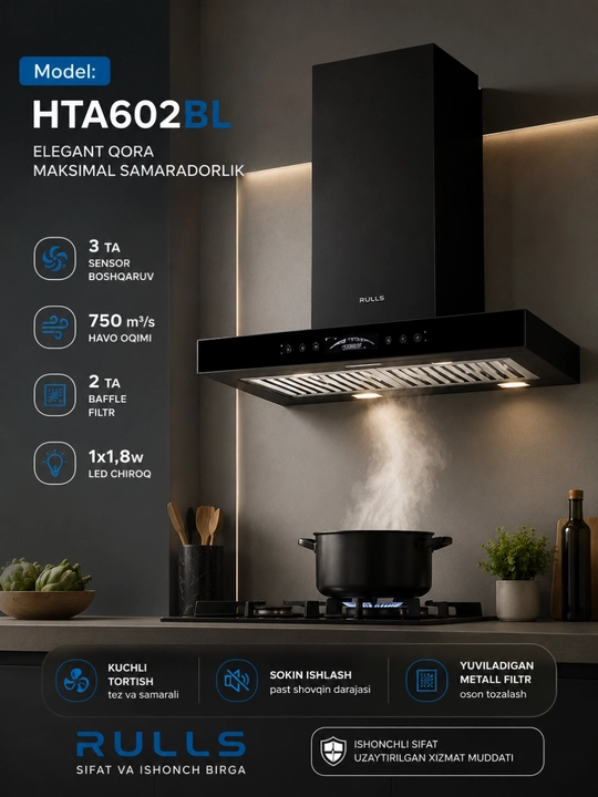 Кухонная вытяжка RULLS HTA602BL, сенсорное управление, 750 м³/ч, LED, черная - 