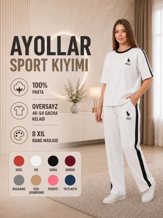 Ayollar sport kiyimi to‘plami, futbolka va shim, 100% paxta, 8 xil rang, 46–54