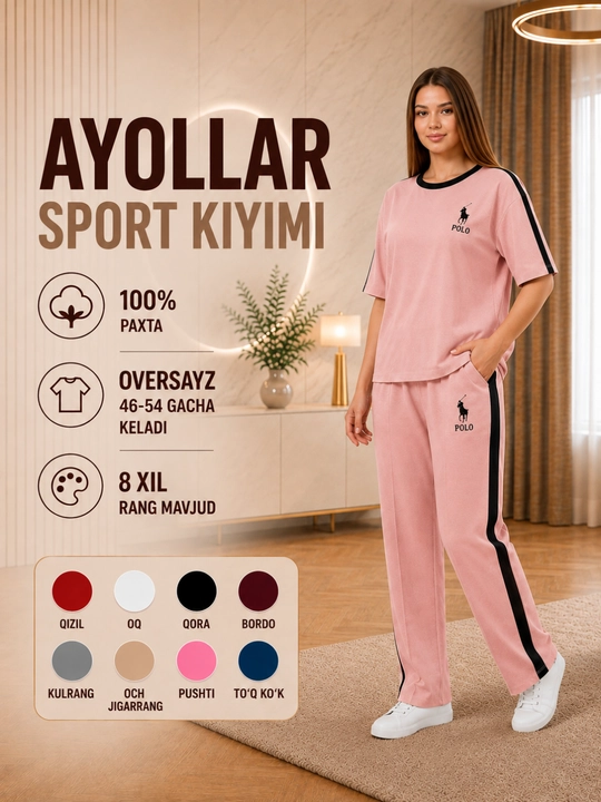 Ayollar sport kiyimi to‘plami, futbolka va shim, 100% paxta, 8 xil rang, 46–54