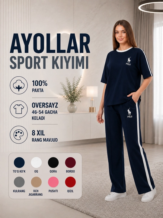 Ayollar sport kiyimi to‘plami, futbolka va shim, 100% paxta, 8 xil rang, 46–54