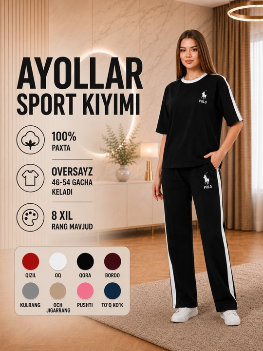 Ayollar sport kiyimi to‘plami, futbolka va shim, 100% paxta, 8 xil rang, 46–54