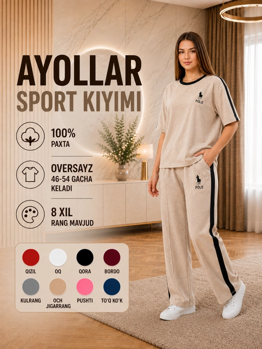 Ayollar sport kiyimi to‘plami, futbolka va shim, 100% paxta, 8 xil rang, 46–54