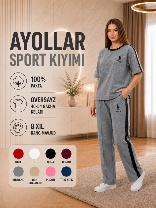 Ayollar sport kiyimi to‘plami, futbolka va shim, 100% paxta, 8 xil rang, 46–54