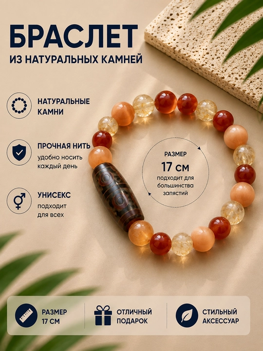 Браслет из натуральных камней с бусиной Дзи, на эластичной нити - 