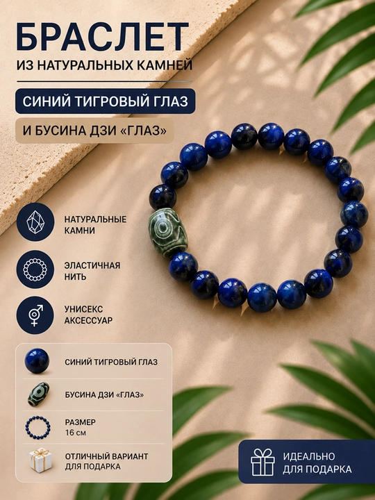 Браслет из натуральных камней с бусиной Дзи, на эластичной нити - 
