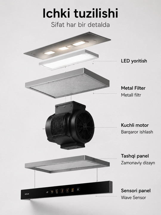 ZIFFLER oshxona dudburoni, kuchli tortish, sensorli boshqaruv, metall filtr, LED