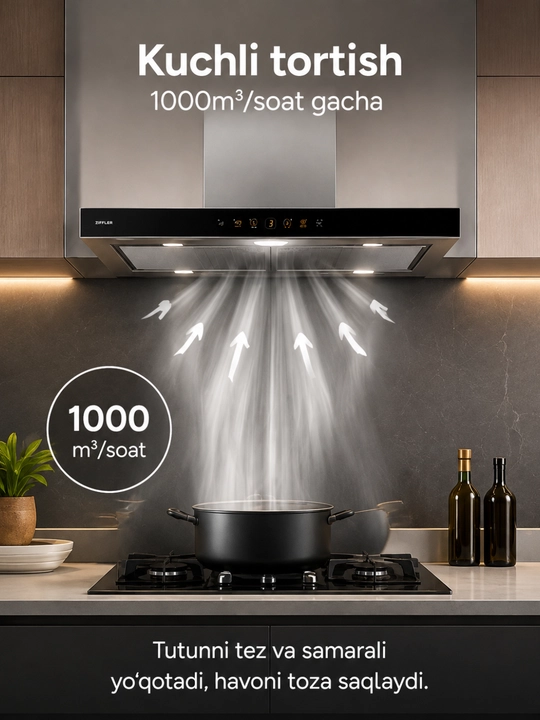 ZIFFLER oshxona dudburoni, kuchli tortish, sensorli boshqaruv, metall filtr, LED