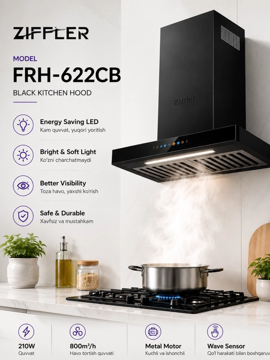 Кухонная вытяжка ZIFFLER, мощная, сенсорное управление, металлический фильтр, LED - 